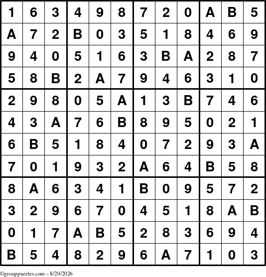 The grouppuzzles.com Answer grid for the Sudoku-12up puzzle for Thursday August 20, 2026