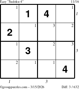 The grouppuzzles.com Easy Sudoku-4 puzzle for Sunday March 15, 2026, suitable for printing, with all 3 steps marked