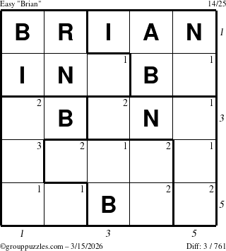 The grouppuzzles.com Easy Brian puzzle for Sunday March 15, 2026, suitable for printing, with all 3 steps marked