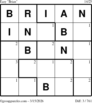 The grouppuzzles.com Easy Brian puzzle for Sunday March 15, 2026 with the first 3 steps marked