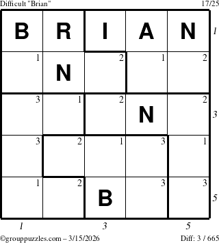 The grouppuzzles.com Difficult Brian puzzle for Sunday March 15, 2026, suitable for printing, with all 3 steps marked