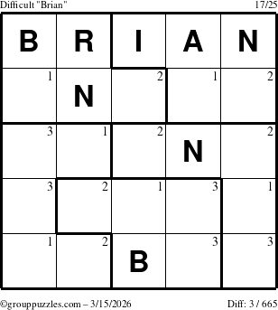The grouppuzzles.com Difficult Brian puzzle for Sunday March 15, 2026 with the first 3 steps marked