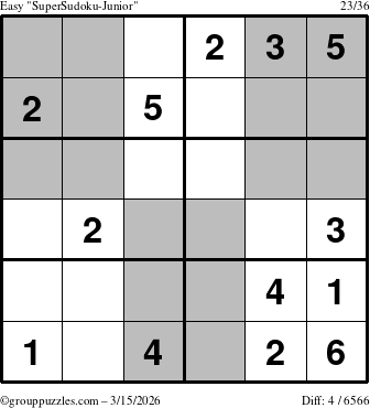 The grouppuzzles.com Easy SuperSudoku-Junior puzzle for Sunday March 15, 2026