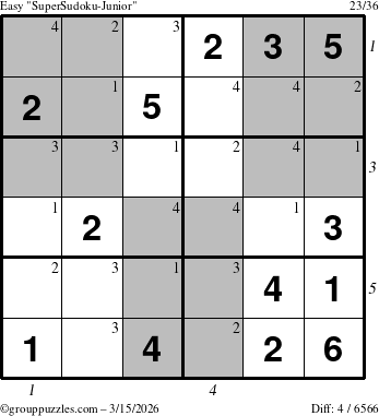 The grouppuzzles.com Easy SuperSudoku-Junior puzzle for Sunday March 15, 2026, suitable for printing, with all 4 steps marked