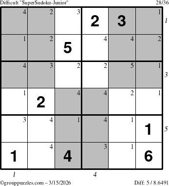 The grouppuzzles.com Difficult SuperSudoku-Junior puzzle for Sunday March 15, 2026 with all 5 steps marked