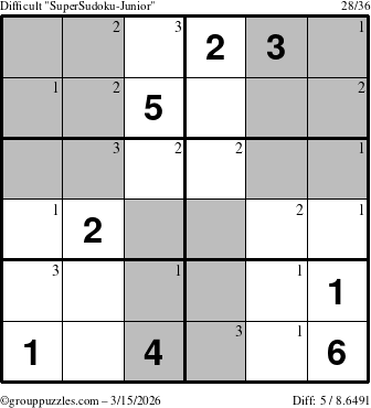The grouppuzzles.com Difficult SuperSudoku-Junior puzzle for Sunday March 15, 2026 with the first 3 steps marked