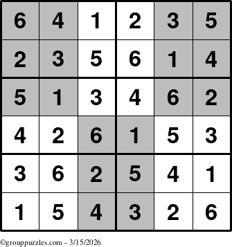 The grouppuzzles.com Answer grid for the SuperSudoku-Junior puzzle for Sunday March 15, 2026