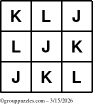 The grouppuzzles.com Answer grid for the TicTac-JKL puzzle for Sunday March 15, 2026