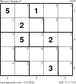 The grouppuzzles.com Medium Sudoku-5 puzzle for Sunday March 15, 2026, suitable for printing, with all 5 steps marked