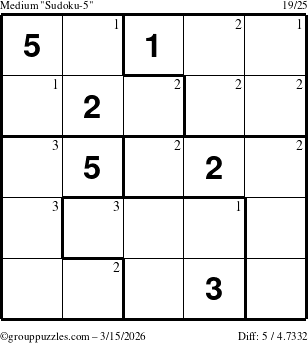 The grouppuzzles.com Medium Sudoku-5 puzzle for Sunday March 15, 2026 with the first 3 steps marked