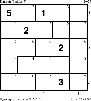 The grouppuzzles.com Difficult Sudoku-5 puzzle for Sunday March 15, 2026, suitable for printing, with all 6 steps marked