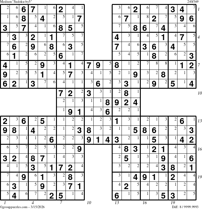 The grouppuzzles.com Medium Sudoku-by5 puzzle for Sunday March 15, 2026, suitable for printing, with all 8 steps marked