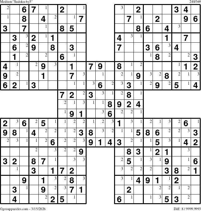 The grouppuzzles.com Medium Sudoku-by5 puzzle for Sunday March 15, 2026 with the first 3 steps marked