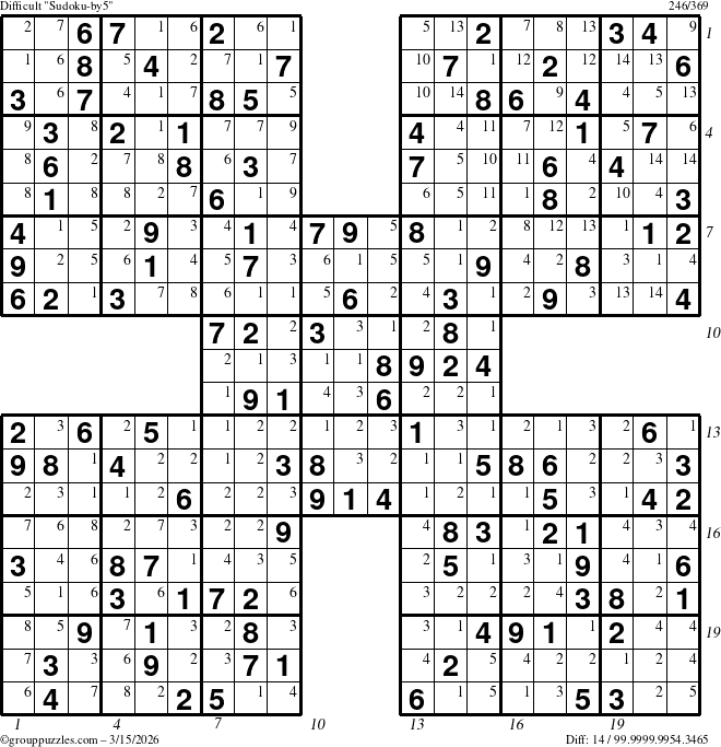 The grouppuzzles.com Difficult Sudoku-by5 puzzle for Sunday March 15, 2026 with all 14 steps marked