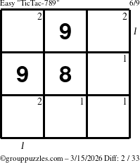 The grouppuzzles.com Easy TicTac-789 puzzle for Sunday March 15, 2026 with all 2 steps marked