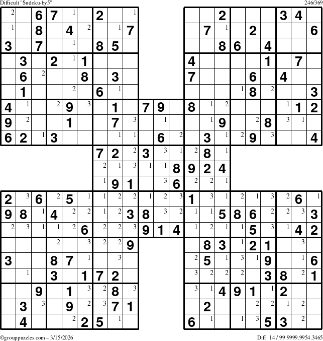 The grouppuzzles.com Difficult Sudoku-by5 puzzle for Sunday March 15, 2026 with the first 3 steps marked