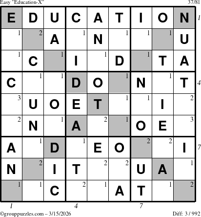 The grouppuzzles.com Easy Education-X puzzle for Sunday March 15, 2026, suitable for printing, with all 3 steps marked