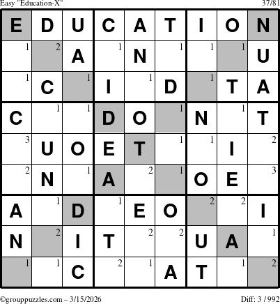 The grouppuzzles.com Easy Education-X puzzle for Sunday March 15, 2026 with the first 3 steps marked
