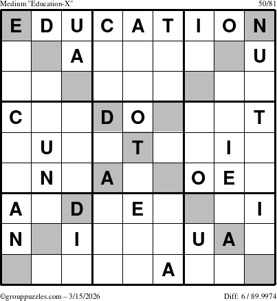 The grouppuzzles.com Medium Education-X puzzle for Sunday March 15, 2026