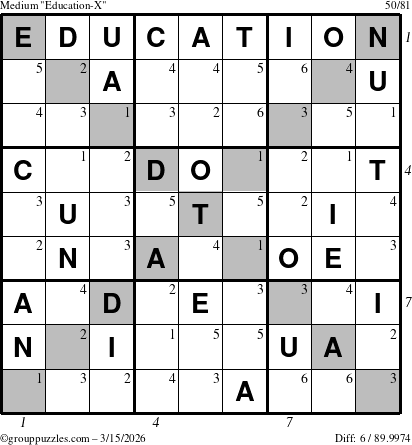 The grouppuzzles.com Medium Education-X puzzle for Sunday March 15, 2026 with all 6 steps marked