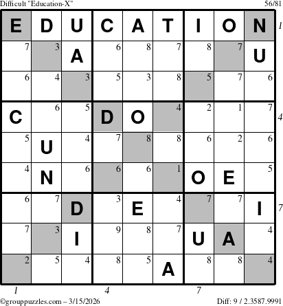 The grouppuzzles.com Difficult Education-X puzzle for Sunday March 15, 2026, suitable for printing, with all 9 steps marked