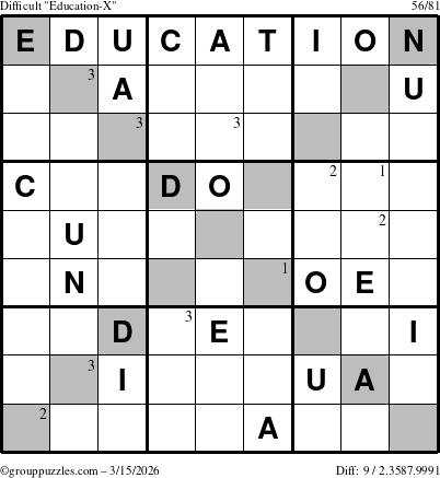 The grouppuzzles.com Difficult Education-X puzzle for Sunday March 15, 2026 with the first 3 steps marked