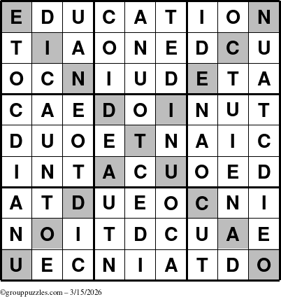 The grouppuzzles.com Answer grid for the Education-X puzzle for Sunday March 15, 2026