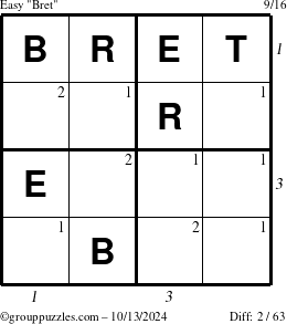 The grouppuzzles.com Easy Bret puzzle for Sunday October 13, 2024 with all 2 steps marked