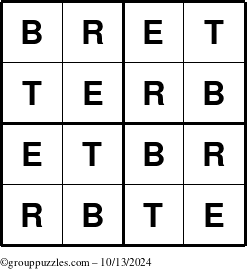 The grouppuzzles.com Answer grid for the Bret puzzle for Sunday October 13, 2024