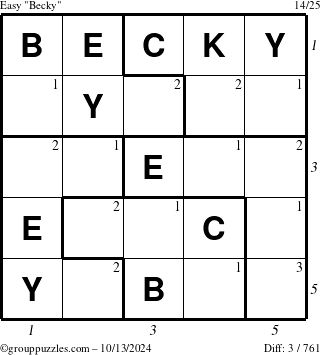 The grouppuzzles.com Easy Becky puzzle for Sunday October 13, 2024 with all 3 steps marked