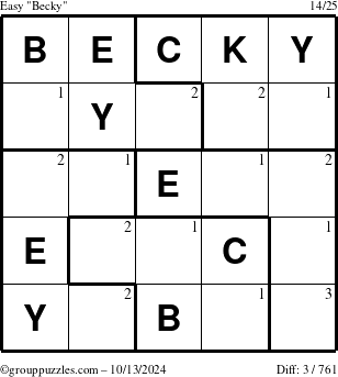 The grouppuzzles.com Easy Becky puzzle for Sunday October 13, 2024 with the first 3 steps marked