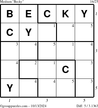 The grouppuzzles.com Medium Becky puzzle for Sunday October 13, 2024 with all 5 steps marked