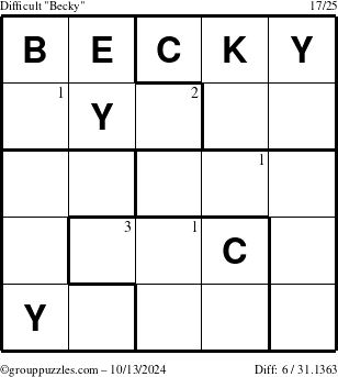 The grouppuzzles.com Difficult Becky puzzle for Sunday October 13, 2024 with the first 3 steps marked