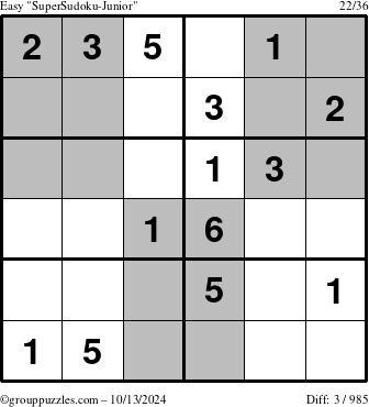 The grouppuzzles.com Easy SuperSudoku-Junior puzzle for Sunday October 13, 2024