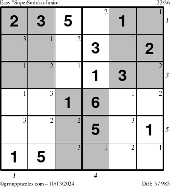 The grouppuzzles.com Easy SuperSudoku-Junior puzzle for Sunday October 13, 2024 with all 3 steps marked