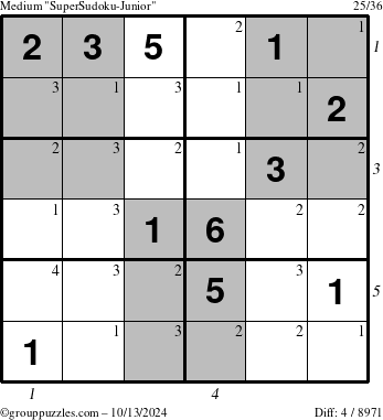 The grouppuzzles.com Medium SuperSudoku-Junior puzzle for Sunday October 13, 2024 with all 4 steps marked