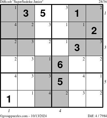 The grouppuzzles.com Difficult SuperSudoku-Junior puzzle for Sunday October 13, 2024 with all 4 steps marked