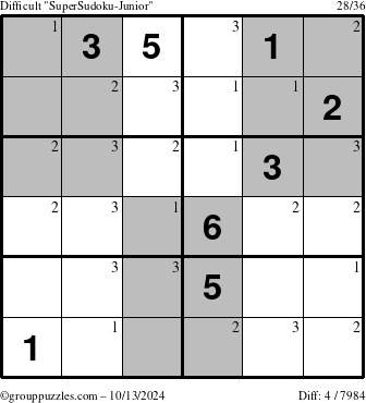 The grouppuzzles.com Difficult SuperSudoku-Junior puzzle for Sunday October 13, 2024 with the first 3 steps marked