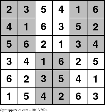 The grouppuzzles.com Answer grid for the SuperSudoku-Junior puzzle for Sunday October 13, 2024