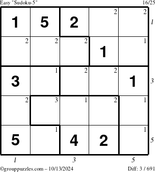 The grouppuzzles.com Easy Sudoku-5 puzzle for Sunday October 13, 2024 with all 3 steps marked