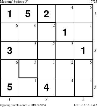 The grouppuzzles.com Medium Sudoku-5 puzzle for Sunday October 13, 2024 with all 6 steps marked