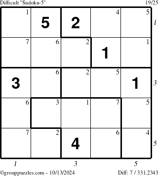 The grouppuzzles.com Difficult Sudoku-5 puzzle for Sunday October 13, 2024 with all 7 steps marked