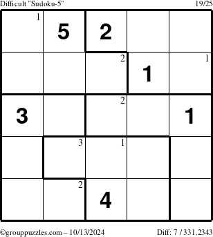 The grouppuzzles.com Difficult Sudoku-5 puzzle for Sunday October 13, 2024 with the first 3 steps marked