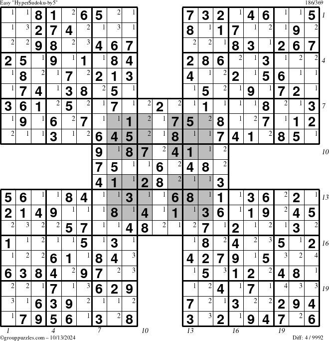 The grouppuzzles.com Easy HyperSudoku-by5 puzzle for Sunday October 13, 2024 with all 4 steps marked