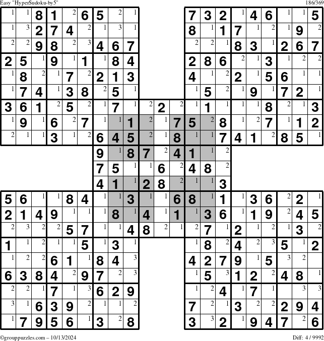 The grouppuzzles.com Easy HyperSudoku-by5 puzzle for Sunday October 13, 2024 with the first 3 steps marked