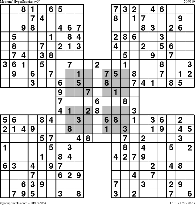 The grouppuzzles.com Medium HyperSudoku-by5 puzzle for Sunday October 13, 2024