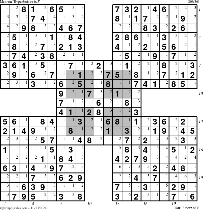 The grouppuzzles.com Medium HyperSudoku-by5 puzzle for Sunday October 13, 2024 with all 7 steps marked