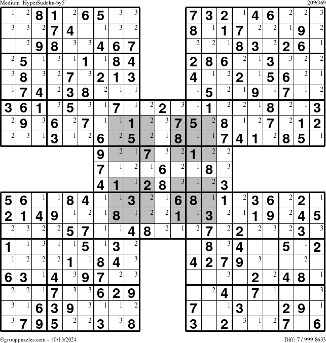 The grouppuzzles.com Medium HyperSudoku-by5 puzzle for Sunday October 13, 2024 with the first 3 steps marked