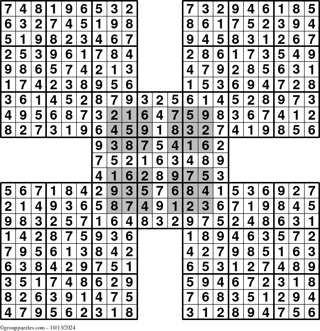 The grouppuzzles.com Answer grid for the HyperSudoku-by5 puzzle for Sunday October 13, 2024