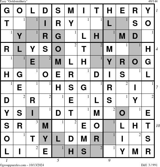 The grouppuzzles.com Easy Goldsmithery puzzle for Sunday October 13, 2024 with all 3 steps marked